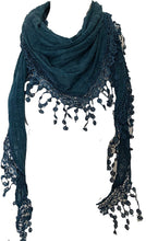 Load image into Gallery viewer, Pamper Yourself Now Blue Jersey lace Trimmed Triangle Scarf Soft Summer Fashion London Fashion Fab Gift