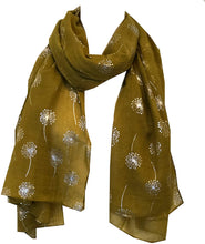 Load image into Gallery viewer, Pamper Yourself Now Mustard with Silver Dandelion Design Long Scarf