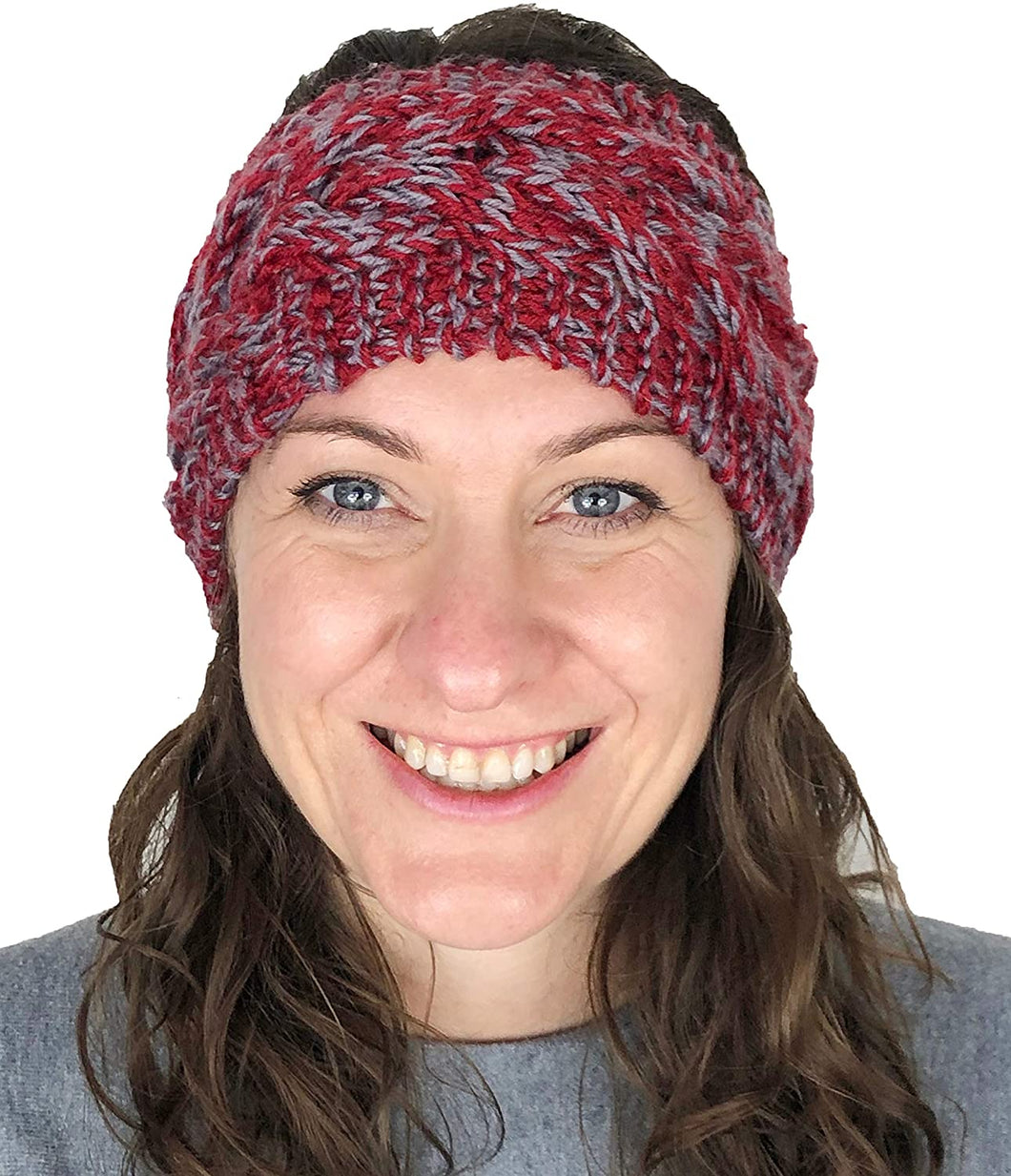 Red/grey mixed coloured woollen machine knitted headband. Warm winter headband
