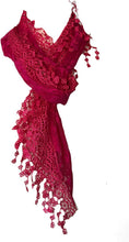 Load image into Gallery viewer, Pamper Yourself Now Fuchsia Pink Roses Designs lace Triangle Scarf. a Lovely Fashion Item. Fantastic Gift