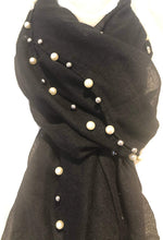 Load image into Gallery viewer, Pamper Yourself Now Black with Beads and Pearls with Frayed Edge Long Soft Scarf/wrap