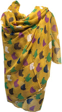 Load image into Gallery viewer, Pamper Yourself Now Mustard with Different Coloured Chickens/Hen Design Ladies Long Soft Scarf