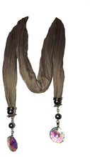 Load image into Gallery viewer, Brown Jeweled Scarf with Crystal pendents on Each end. Lovely for Evening wear