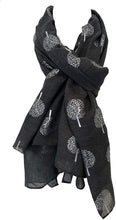 Load image into Gallery viewer, Pamper Yourself Now Dark Grey with Silver Foiled Mulberry Tree Design Ladies Scarf/wrap. Great Present for Mum, Sister, Girlfriend or Wife.