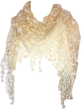 Load image into Gallery viewer, Pamper Yourself Now Creamy Yellow with White Glittery Flower lace Triangle Scarf with lace Trim