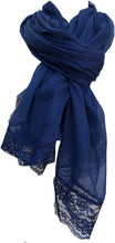 Load image into Gallery viewer, Pamper Yourself Now Navy Blue Plain Long Soft Scarf with lace Trim