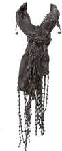 Load image into Gallery viewer, brown/beige thin lace butterfly design long scarf with tassels