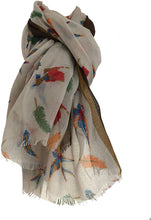 Load image into Gallery viewer, Pamper Yourself Now Beige with Dark Brown Edge Swallow and Feather Scarf Multi Coloured Oversized Soft wrap with Frayed Edge