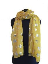 Load image into Gallery viewer, Pamper Yourself Now Yellow with Silver Dog paw Print Long Scarf.