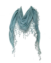 Load image into Gallery viewer, Light green Jersey with sparkle and lace trimmed triangle Scarf Soft Summer Fashion London Fashion Fab Gift