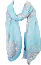 Load image into Gallery viewer, Pamper Yourself Now Blue with Cream Chrysanthemum Flower Long Scarf, Soft Ladies Fashion London