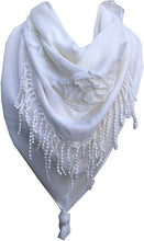 Load image into Gallery viewer, Pamper Yourself Now White with Small Rose and Chiffon lace Trim Triangle Scarf
