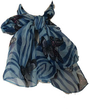 Load image into Gallery viewer, Sky Blue with Blue Zebra Animal Print with Butterflies Chiffon Style Thin Scarf.