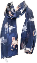 Load image into Gallery viewer, Pamper Yourself Now Navy Blue Running Horse Shiny Thin Pretty Scarf
