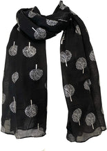 Load image into Gallery viewer, Pamper Yourself Now Black with Silver Foiled Mulberry Tree Design Ladies Scarf/wrap. Great Present for Mum, Sister, Girlfriend or Wife.