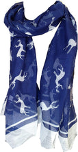 Load image into Gallery viewer, Pamper Yourself Now Blue with White Reindeer Design Scarf with Border. Lovely Long Soft Scarf Fantastic Gift