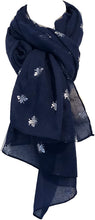 Load image into Gallery viewer, Pamper Yourself Now Navy Blue with Silver Bumble Bees Long Scarf. Great Present/Gift for bee Lovers.