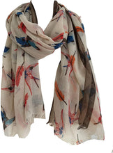 Load image into Gallery viewer, Pamper Yourself Now Beige with Light Brown Edge Swallow and Feather Scarf Multi Coloured Oversized Soft wrap with Frayed Edge