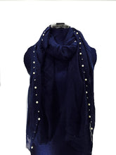 Load image into Gallery viewer, Pamper Yourself Now Navy with Beads and Pearls with Frayed Edge Long Soft Scarf/wrap