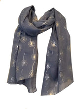 Load image into Gallery viewer, Pamper Yourself Now Denim Blue with Silver Dandelion Design Long Scarf