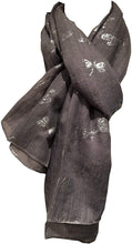 Load image into Gallery viewer, Pamper Yourself Now Dark Grey with Silver Foiled Glitter Dragonfly Design Long Scarf/wrap