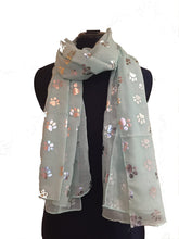 Load image into Gallery viewer, Pamper Yourself Now Aqua Green with Silver Dog paw Print Long Scarf.