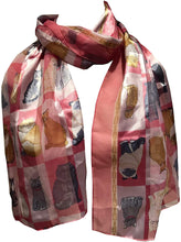 Load image into Gallery viewer, Ladies Shiny cat Scarf with a Square Design and Multi Coloured Cats. Great Present for Any cat Lovers.