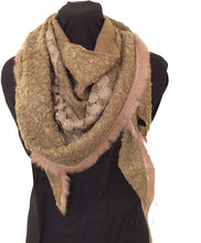 Load image into Gallery viewer, Pamper Yourself Now Tan Triangle Scarf with Fur Trim and Sequin.
