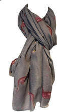 Load image into Gallery viewer, Grey with watercolour flamingo scarf with frayed edge long soft scarf