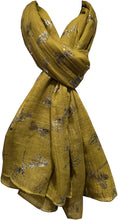 Load image into Gallery viewer, Pamper Yourself Now Mustard with Silver Foiled Glitter Dragonfly Design Long Scarf/wrap