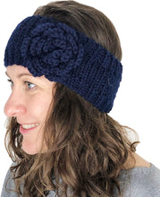 Load image into Gallery viewer, navy blue woollen machine knitted headband with flower. Warm winter headband