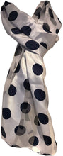 Load image into Gallery viewer, Pamper Yourself Now White with Navy Big spot Thin Pretty Scarf. Lovely with Any Outfit