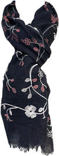 Load image into Gallery viewer, Blue with pink embroidered flowers and leaf design long Scarf/wrap with frayed edge
