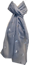 Load image into Gallery viewer, Pamper Yourself Now Sky Blue with Silver Bumble Bees Long Scarf. Great Present/Gift for bee Lovers.