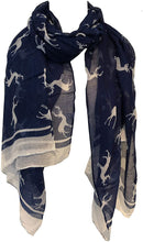 Load image into Gallery viewer, Pamper Yourself Now Blue with White Reindeer Design Scarf with Border. Lovely Long Soft Scarf Fantastic Gift