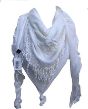 Load image into Gallery viewer, Pamper Yourself Now White with Small Rose and Chiffon lace Trim Triangle Scarf