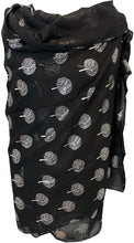 Load image into Gallery viewer, Pamper Yourself Now Black with Silver Foiled Mulberry Tree Design Ladies Scarf/wrap. Great Present for Mum, Sister, Girlfriend or Wife.
