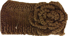 Load image into Gallery viewer, Brown woollen machine knitted headband with flower. Warm winter headband