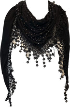 Load image into Gallery viewer, Black Jersey with sparkle and lace trimmed triangle Scarf Soft Summer Fashion London Fashion Fab Gift