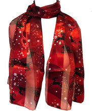 Load image into Gallery viewer, Pamper Yourself Now Red with Snowflakes and Santa on a Sledge Design Thin Pretty Christmas Scarf