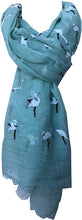 Load image into Gallery viewer, Pamper Yourself Now Lime Green with White Standing up Flamingo Long Scarf/wrap with Frayed Edge