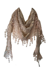 Load image into Gallery viewer, Pamper Yourself Now Beige Roses Designs lace Triangle Scarf. a Lovely Fashion Item. Fantastic Gift