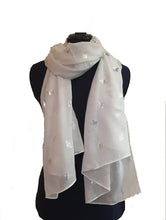 Load image into Gallery viewer, Pamper Yourself Now White with Silver Bumble Bees Long Scarf. Great Present/Gift for bee Lovers.