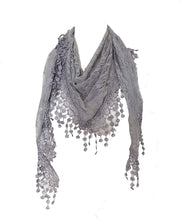 Load image into Gallery viewer, Pamper Yourself Now Grey Leaves Designs lace Triangle Scarf. a Lovely Fashion Item. Fantastic Gift