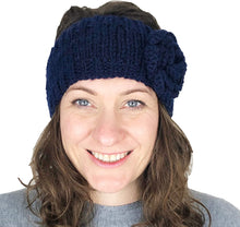 Load image into Gallery viewer, navy blue woollen machine knitted headband with flower. Warm winter headband