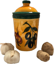 Load image into Gallery viewer, Dark Green with Olive/Garlic Motif Garlic Keeper Pot (6)