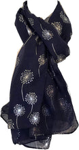 Load image into Gallery viewer, Pamper Yourself Now Navy Blue with Silver Dandelion Design Long Scarf