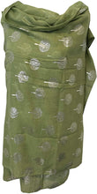 Load image into Gallery viewer, Pamper Yourself Now Green with Silver Foiled Mulberry Tree Design Ladies Scarf/wrap. Great Present for Mum, Sister, Girlfriend or Wife.