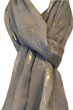Load image into Gallery viewer, Pamper Yourself Now Sky Blue with Silver Dandelion Design Long Scarf
