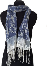 Load image into Gallery viewer, Blue with black flowers and embroidered white flowers with tassels